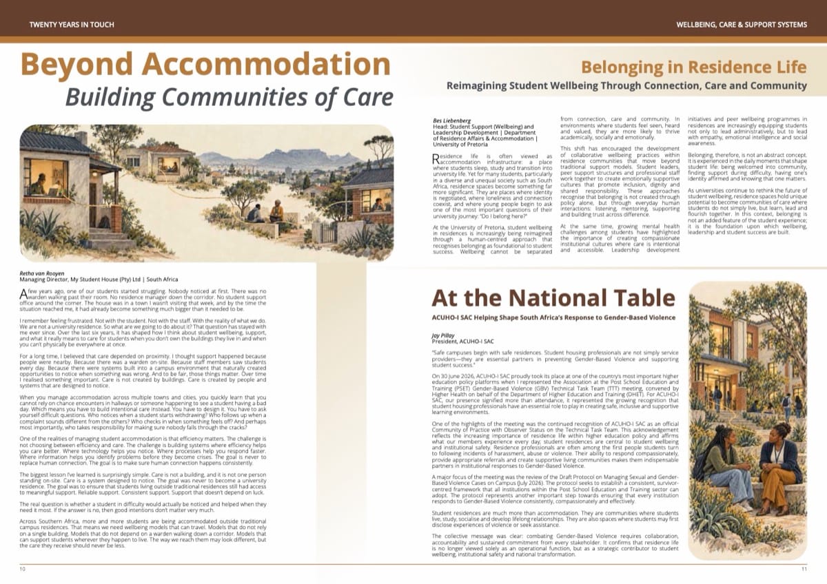 In Touch magazine spread titled Beyond Accommodation, Building Communities of Care, with illustrations of students in residence life