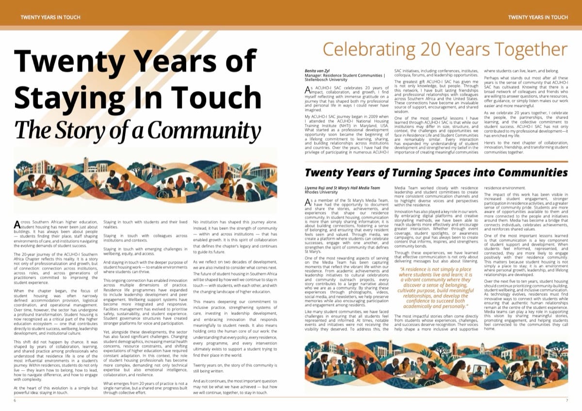 In Touch magazine spread titled Twenty Years of Staying In Touch, The Story of a Community, with colourful woven ribbon artwork