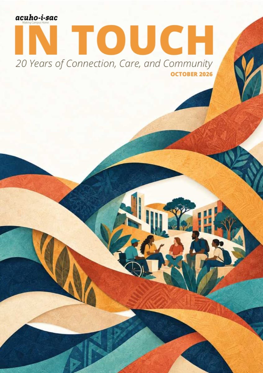 Cover of In Touch magazine, October 2026, showing students talking on a campus lawn framed by colourful woven ribbons
